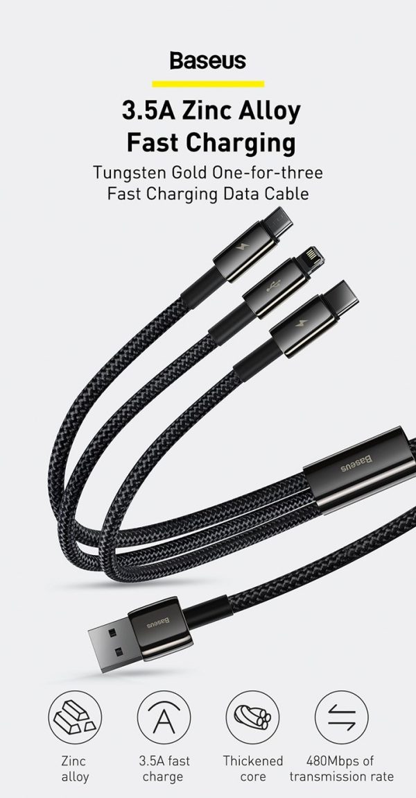Baseus Tungsten Gold One-for-three Fast Charging Data Cable USB to M+L+C 3.5A